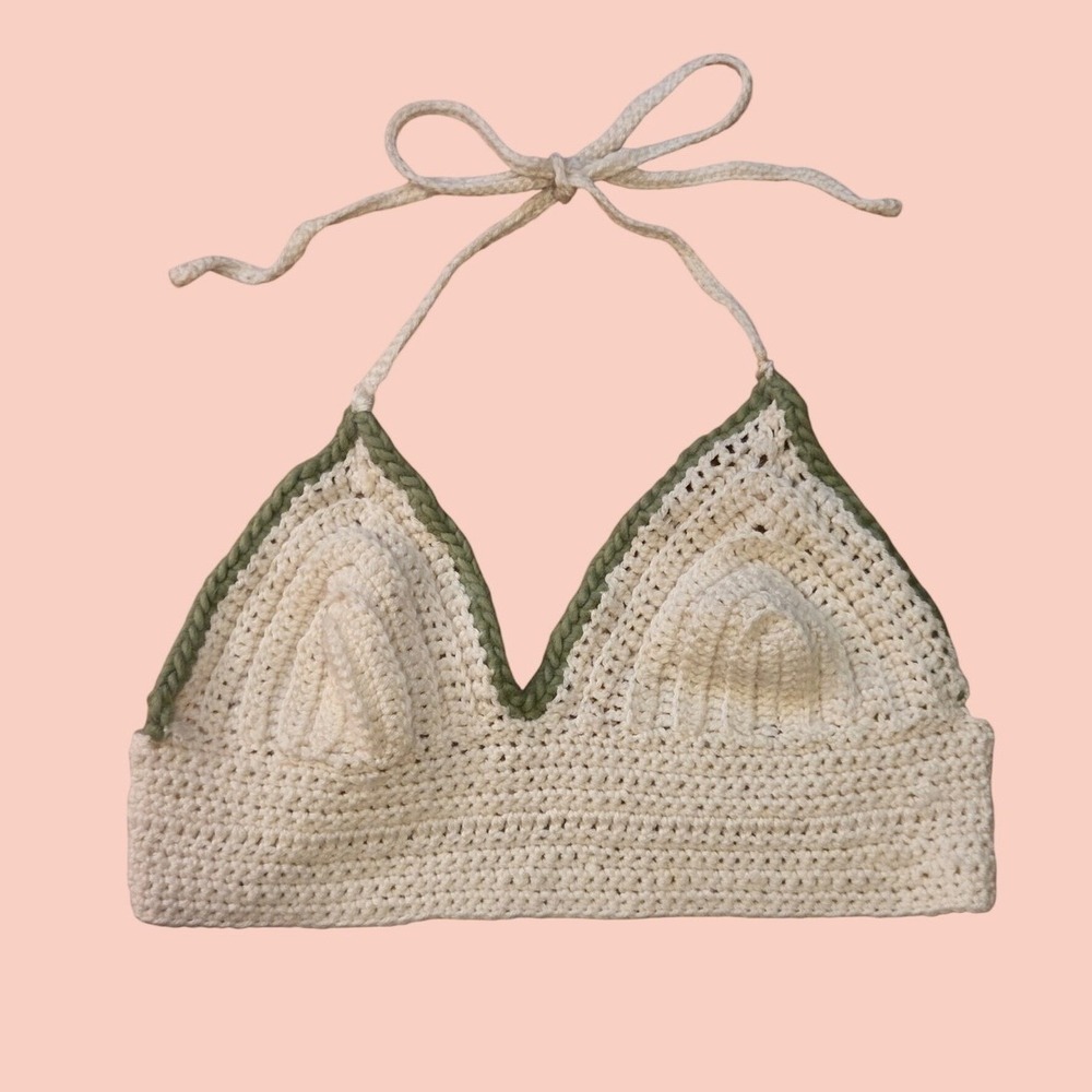 Handmade Crochet Halter Top Cream Sage Green Lace Up Boho Bralette